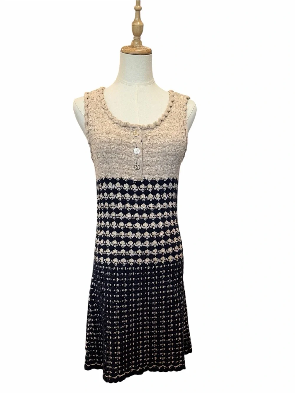 CHANEL Beige and Black Knit Sleeveless A-Line Dress